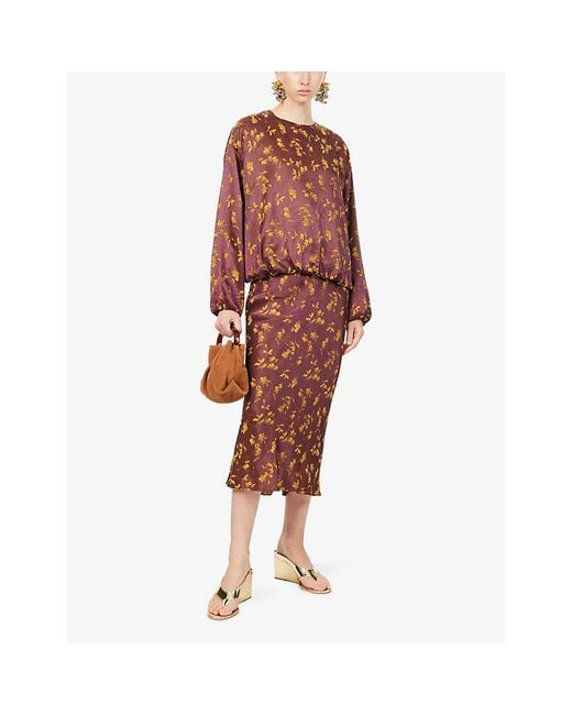 Dries Van Noten Brown Floral-Print Balloon-Sleeve Satin Blouse