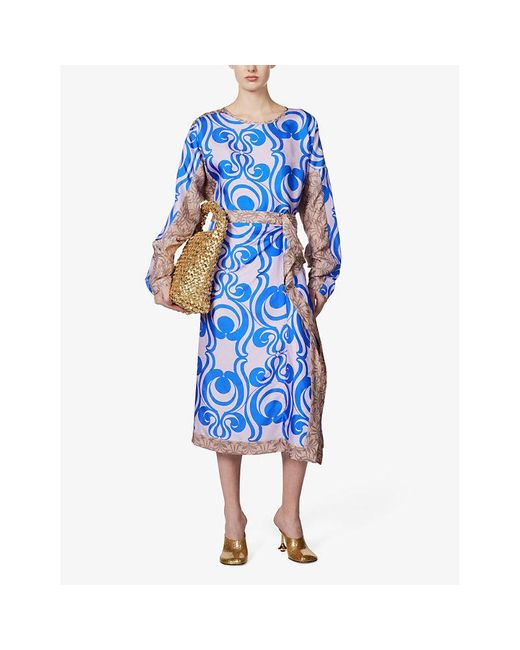 Dries Van Noten Blue Abstract-pattern High-rise Silk Midi Skirt