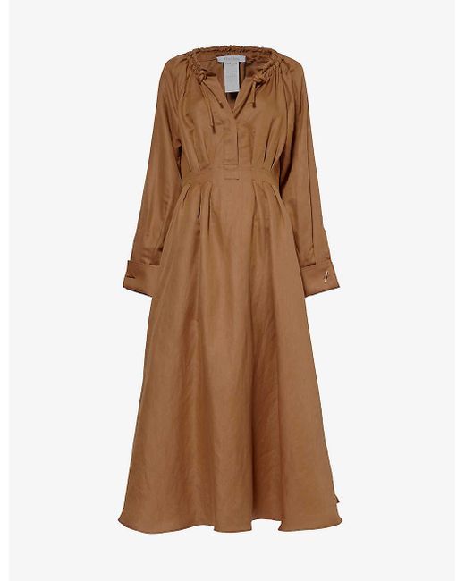 Max Mara Brown Drina Pleated Linen And Silk-blend Maxi Dress