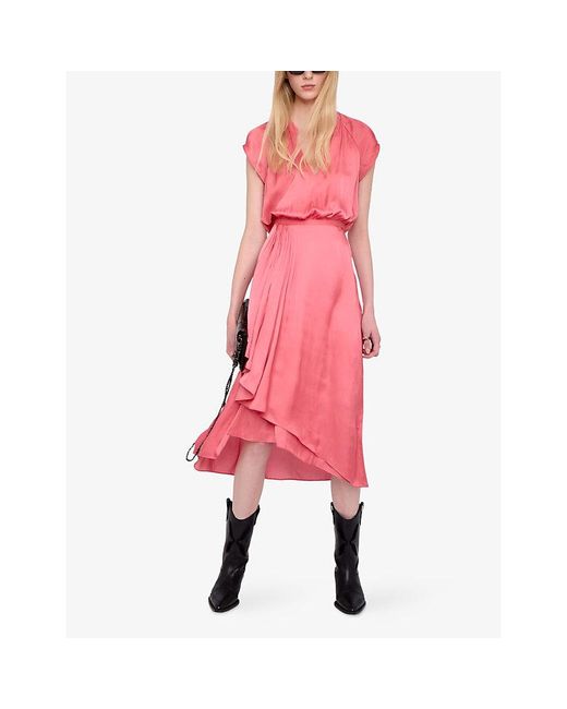 Zadig & Voltaire Pink Randall V-Neck Raglan-Sleeve Satin Midi Dress