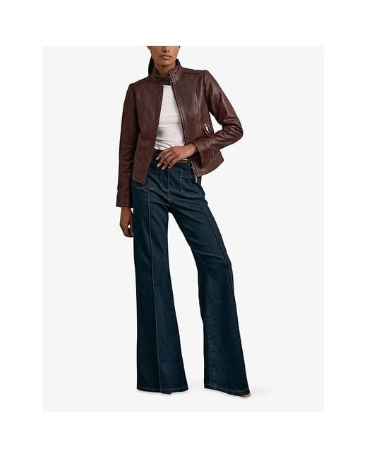 Reiss Brown Astra Stand-Collar Leather Jacket