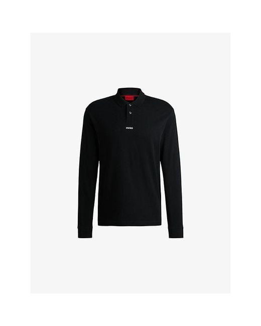 HUGO Black Logo-Print Relaxed-Fit Cotton-Piqué Polo Shirt for men