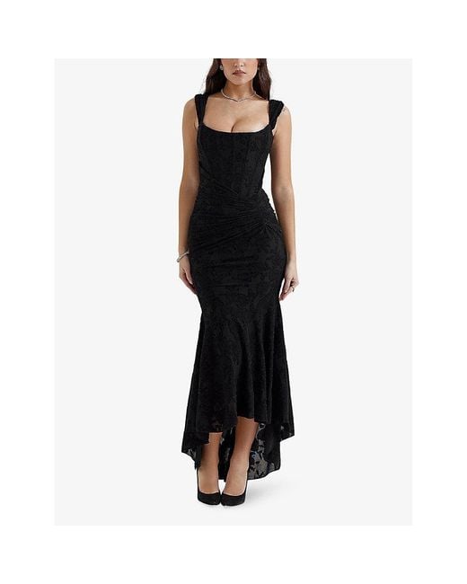 House Of Cb Black Cesca Floral-print Corseted Stretch-woven Maxi Dres