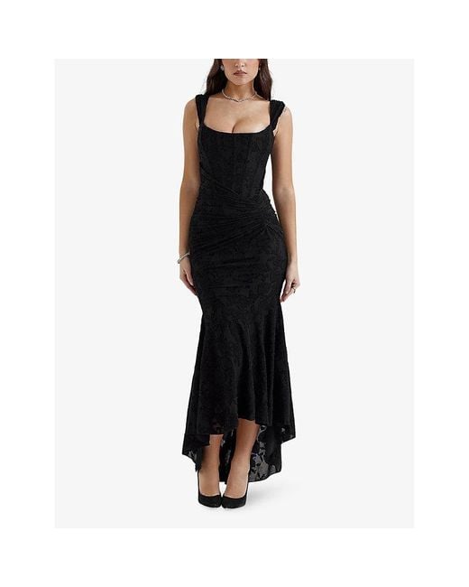 House Of Cb Black Cesca Floral-print Corseted Stretch-woven Maxi Dres