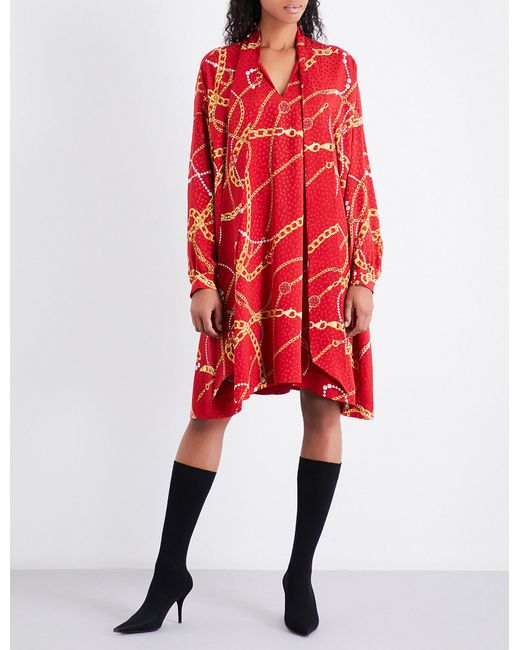 Balenciaga Red Chain-print Silk Dress