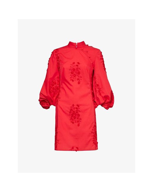 Huishan Zhang Red Ming Floral-appliqué Woven Mini Dress