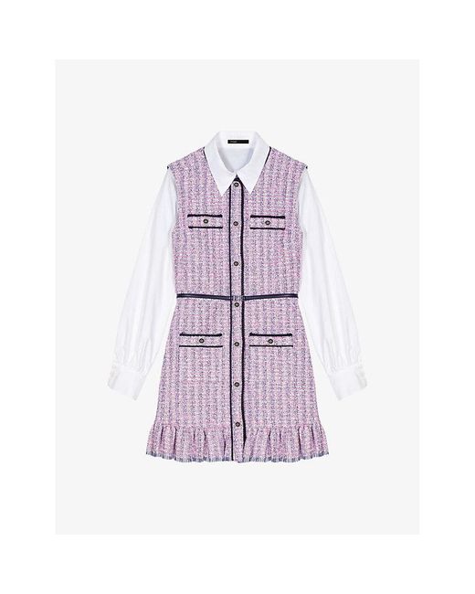 Maje Purple Shirt-sleeve Ruffle-hem Tweed Mini Dress