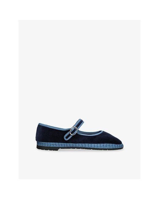 Flabelus Blue Montague Cotton-Velvet Mary Jane Flats