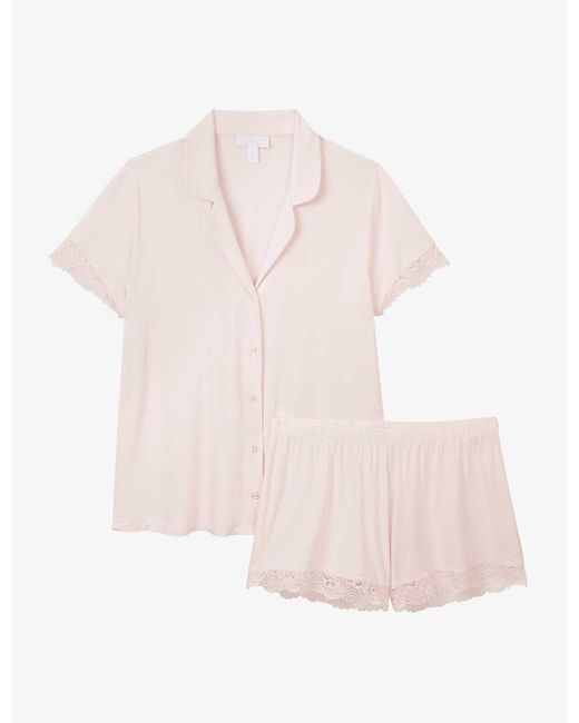 The White Company Pink Emilie Lace-trim Stretch-jersey Pyjama Set