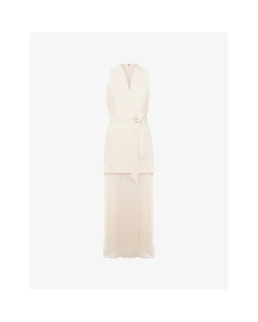 Phase Eight White Pia V-Neck Pleated Stretch-Woven Midi Dress