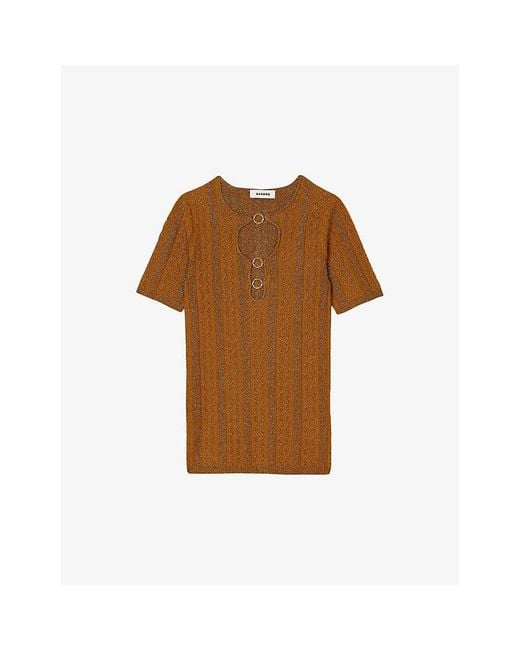 Sandro Brown Cut-out Hard-ware-embellished Knitted Top