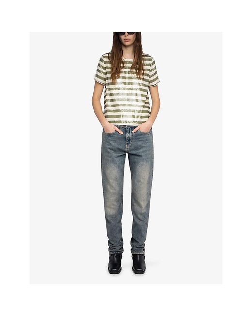 Zadig & Voltaire Green Tchao Striped Sequin-Embellished Top