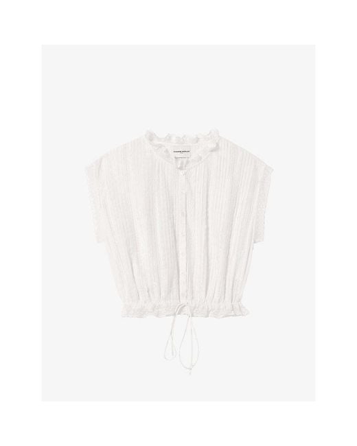Claudie Pierlot White Cropped Lace-Trim Cotton-Blend Blouse
