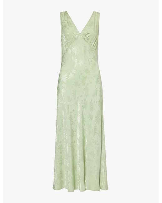 Rixo Green Sandrine V-neck Floral-jacquard Woven Midi Dress