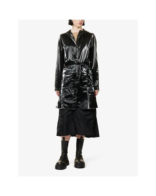 Rains Black Drawstring-hood Belted-waist Shell Coat