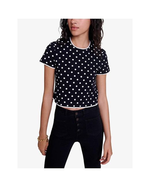 Maje Black Polka-Dot Short-Sleeve Stretch-Knit Top