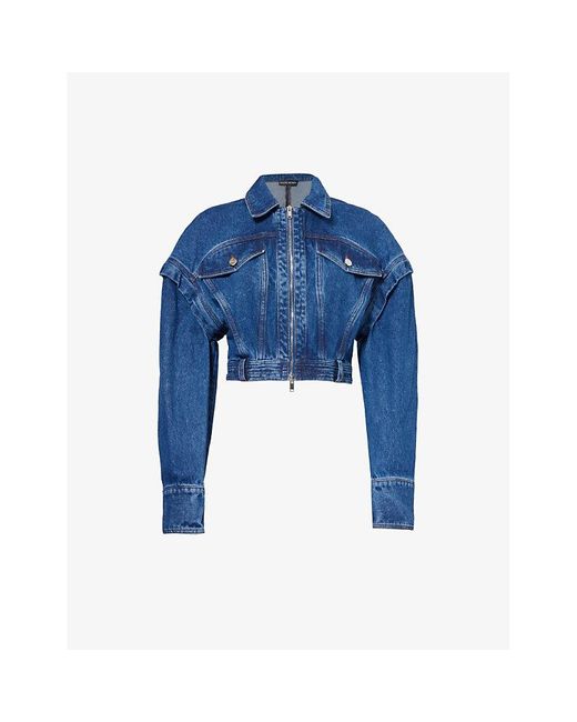 David Koma Blue Cropped Slim-fit Denim Jacket