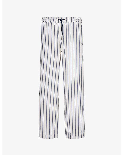 Emporio Armani White Stripe-print Straight-leg Cotton And Linen-blend Trousers for men