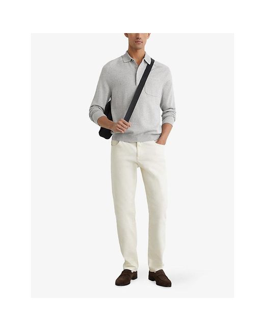 Reiss Gray Clinton Patch-Pocket Long-Sleeve Cotton Polo for men