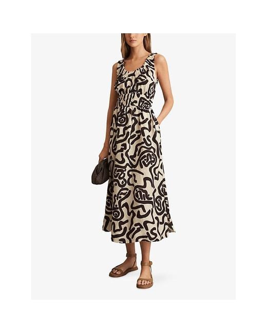 Reiss White Akari Abstract-Print Linen-Blend Midi Dress