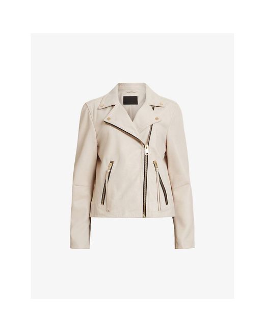 AllSaints Natural Ivory Dalby Leather Biker Jacket