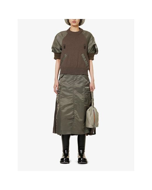 Sacai Gray Pleated-panel Flared-hem Shell Midi Skirt