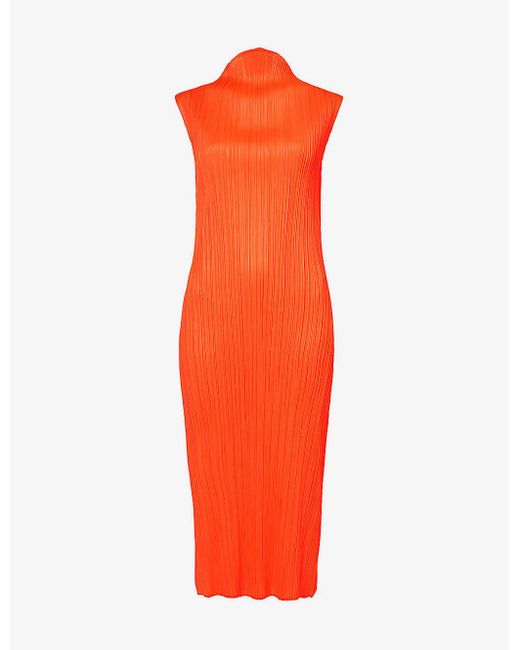 Pleats Please Issey Miyake Red April High-neck Knitted Midi Dress