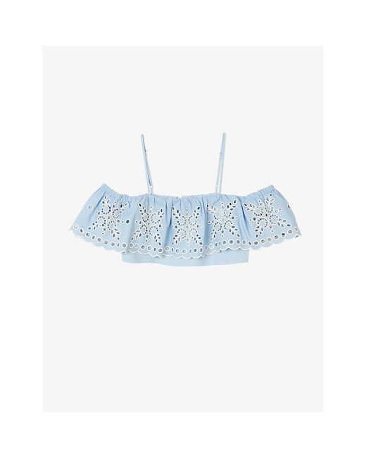 Sandro Blue Ruffle-trim Embroidered Cropped Linen-blend Top