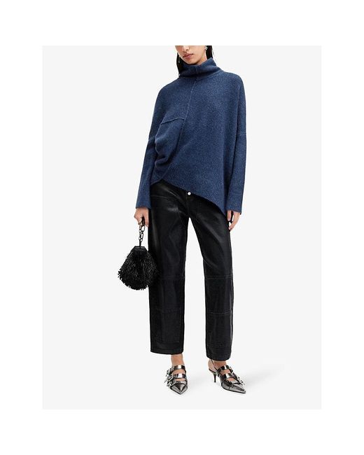 AllSaints Blue High-Neck Asymmetric-Hem Knitted Jumper