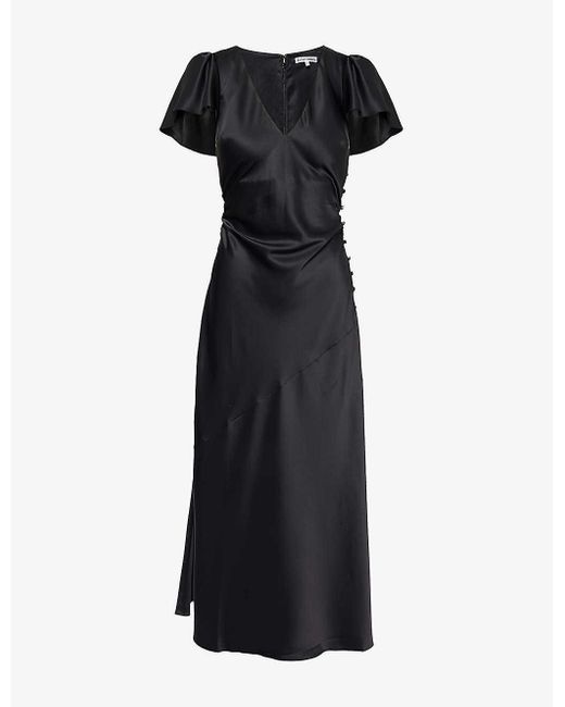 Reformation Black Vida Ruffle-sleeve Satin Midi Dress