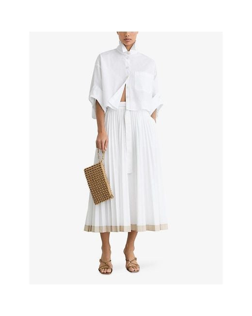 Reiss White Allora Pleated Woven Midi Skirt