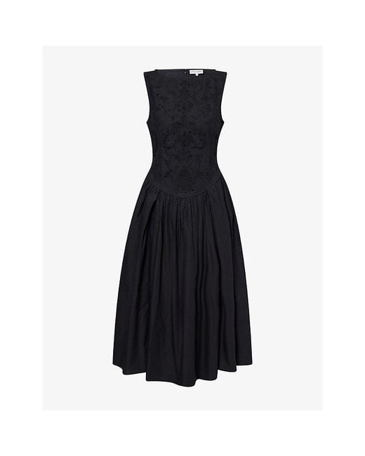 Stine Goya Black Broderie Embroidered Cotton Midi Dress