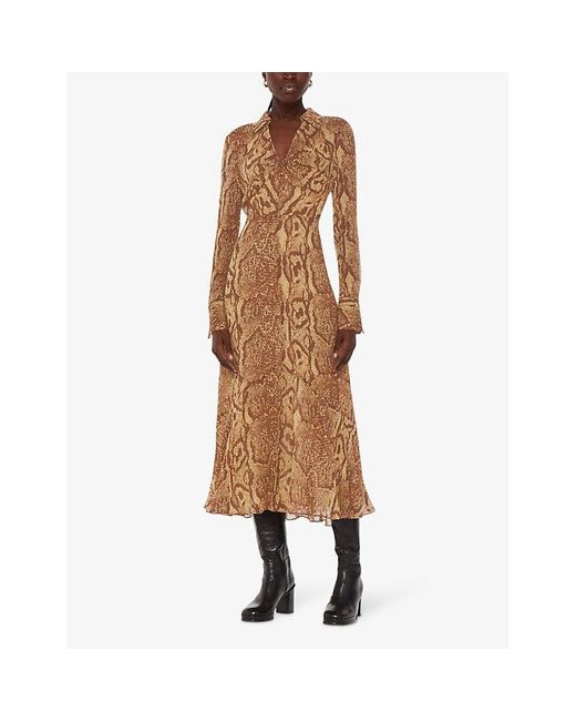 Whistles Brown Serpent Graphic-print Long-sleeve Woven Midi Dress