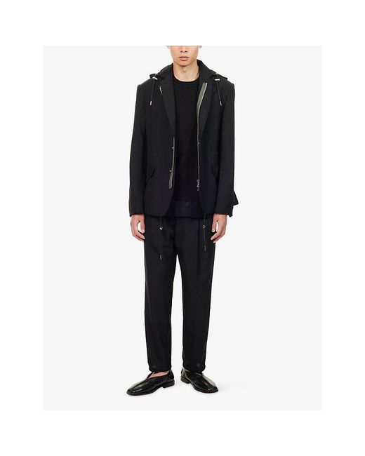 Sacai Blue Detachable-Hood Notch-Lapel Woven Jacket for men