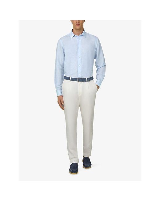 Boggi Blue Long-Sleeve Regular-Fit Linen-Blend Shirt for men