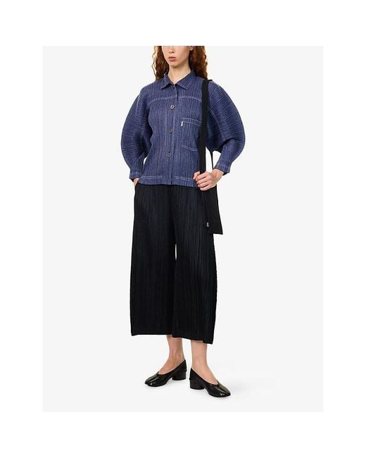 Pleats Please Issey Miyake Blue Structured Pleated Denim Jacket