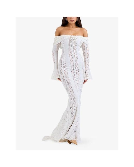 House Of Cb White Belle Off-The-Shoulder Stretch-Lace Maxi Dress