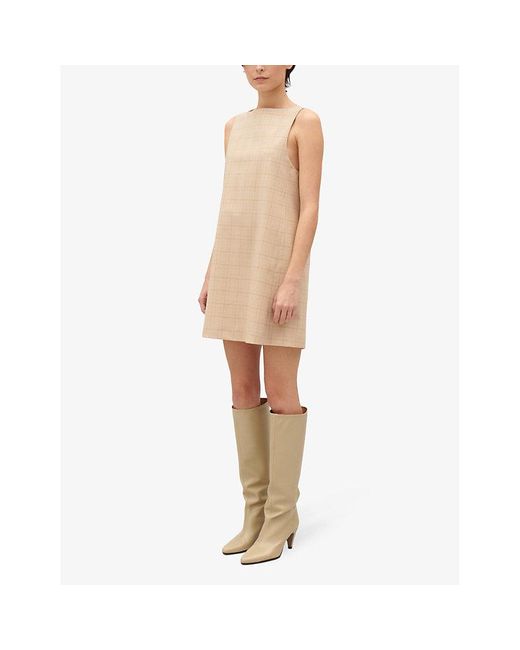 Claudie Pierlot Natural Slash-neck Checked Stretch Wool-blend Mini Dress