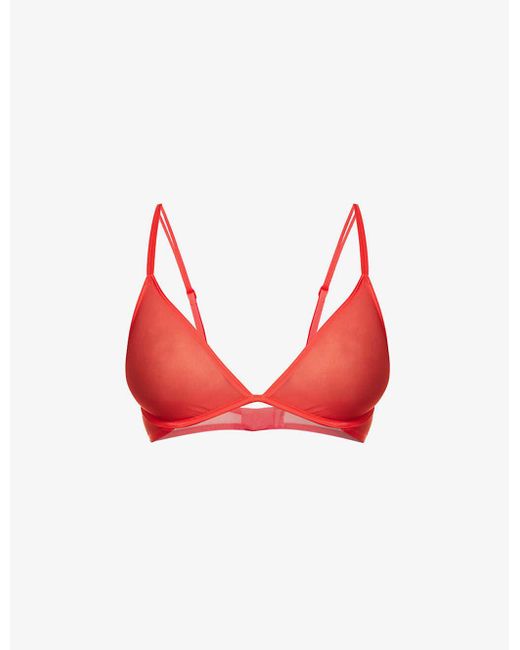 Calvin Klein Sheer Marquisette Plunge Stretchrecycled Nylon Bra in Red Lyst