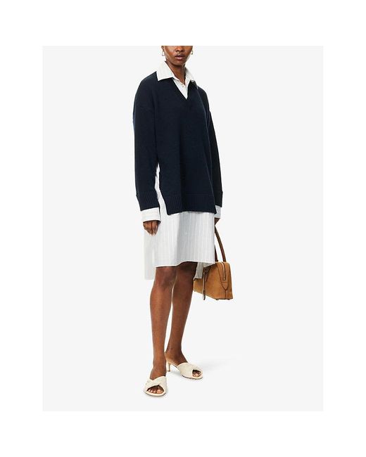 Stella McCartney Blue Striped-Panels Split Wool Midi Dress