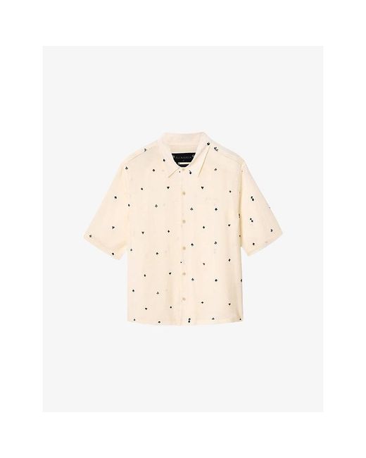 AllSaints Natural Cardsuit Graphic-Print Short-Sleeve Woven Shirt for men