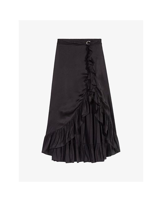 Maje Black Ruffled Asymmetric Satin Maxi Skirt