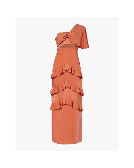 Pretty Lavish Orange Romilly One-shoulder Cut-out Printed Satin Maxi Dress