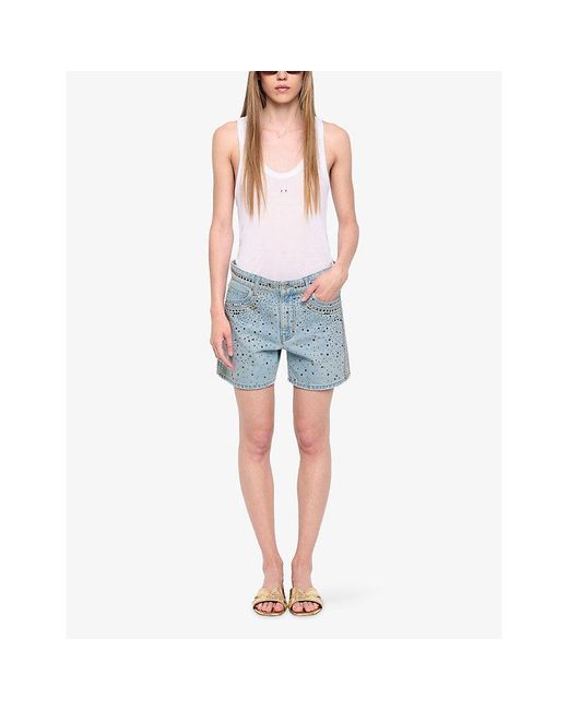 Zadig & Voltaire Blue Sadys Stud-Embellished Stretch-Denim Shorts