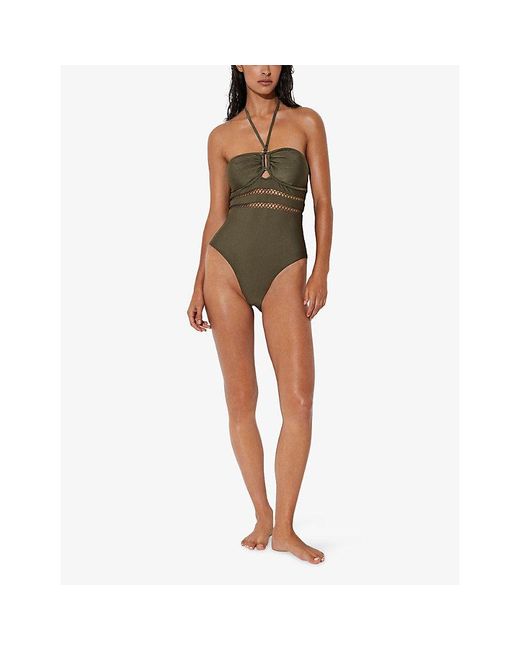 Reiss Green Libby Shimmer Lattice-Trim Stretch-Nylon Bandeau Swimsuit