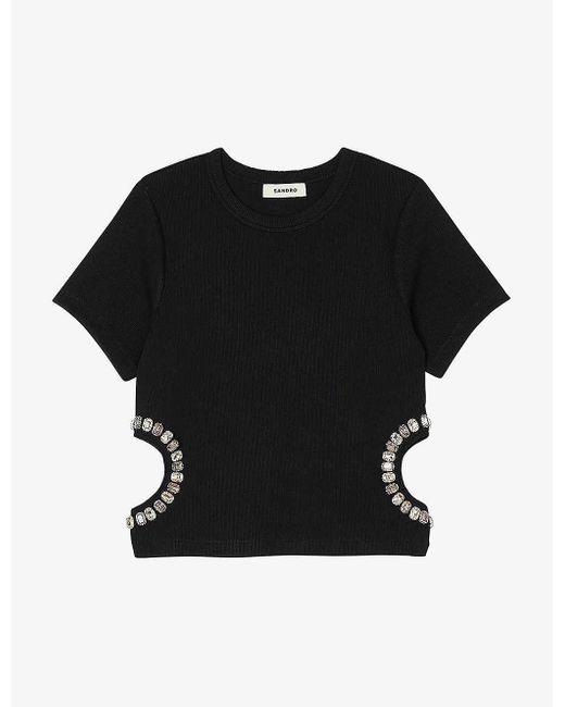 Sandro Black Crystal-embellished Cut-out Stretch-woven Top