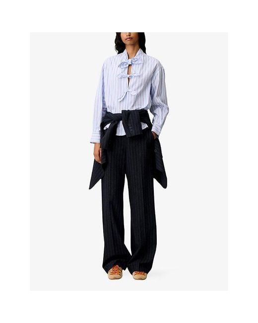 Claudie Pierlot Blue Striped Tie-Front Cotton-Poplin Blouse