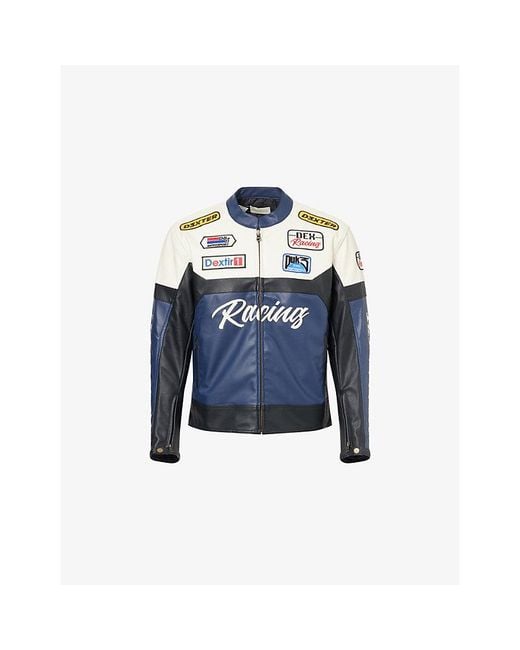 Duke & Dexter Blue Dr Moto Racing Regular-Fit Faux-Leather Jacket for men