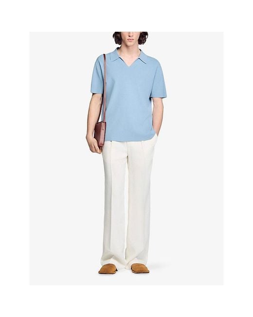 Sandro Blue Open-Collar Short-Sleeve Knitted Polo for men