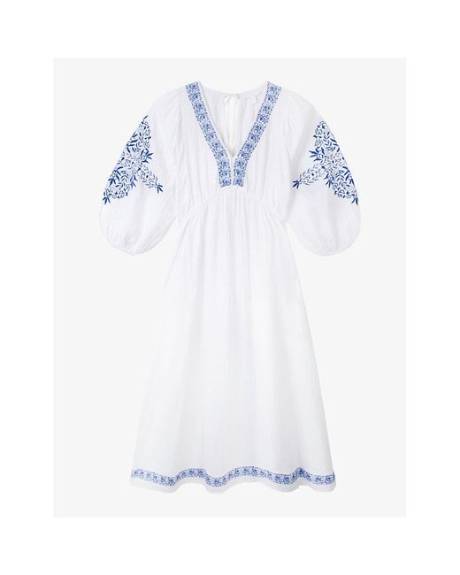 The White Company White Flower-embroidered V-neck Organic-cotton Maxi Dress